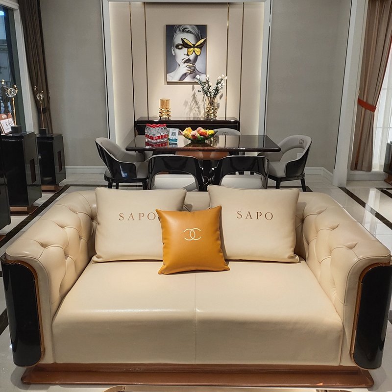 Modern stainless steel button chesterfield sofa italian light luxury sectional genuine leather art 3 piece sofa set living room