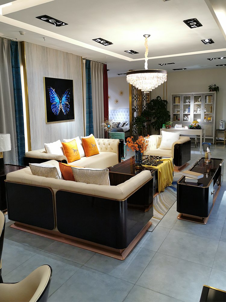 Modern stainless steel button chesterfield sofa italian light luxury sectional genuine leather art 3 piece sofa set living room