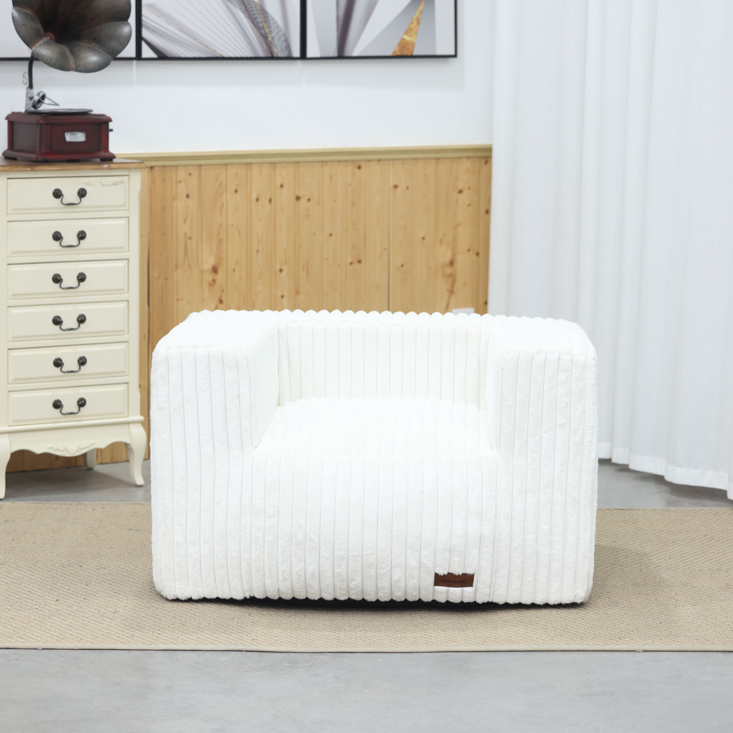 Factory Price European Style Block Foam Filled Office Bean Bag Couch White Faux Fur Comfortable Vacuum Compressed Sofa