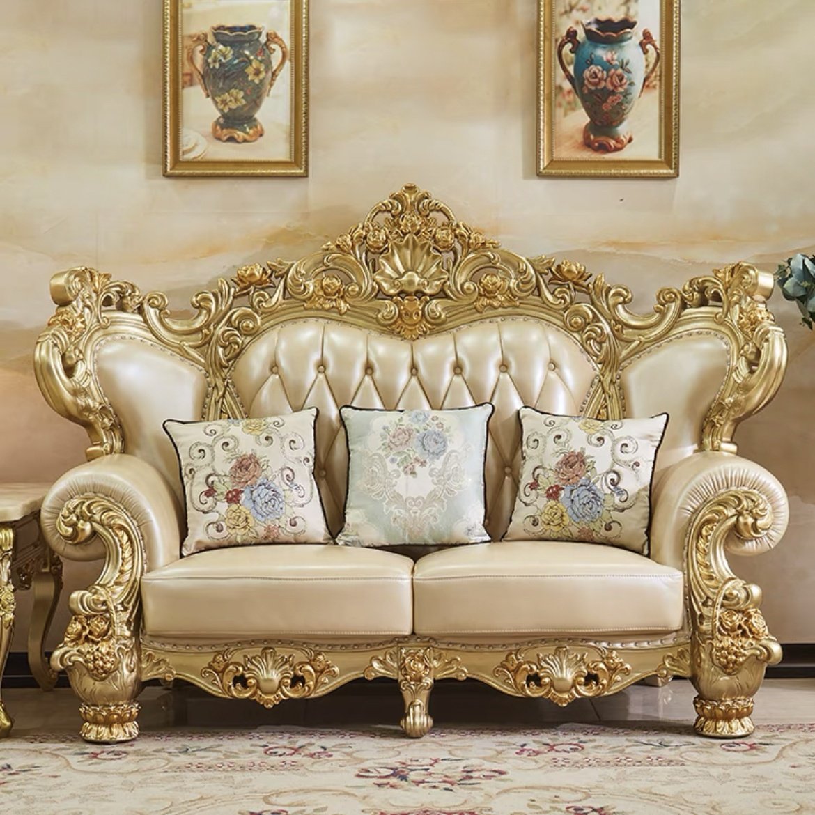 Italian royal antique classic gold genuine leather sofa set flower wood chesterfield designs comfort livig room furniture home
