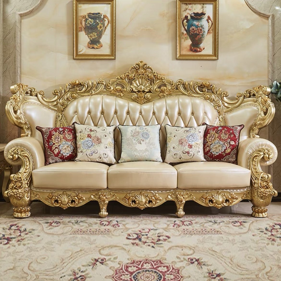 Italian royal antique classic gold genuine leather sofa set flower wood chesterfield designs comfort livig room furniture home