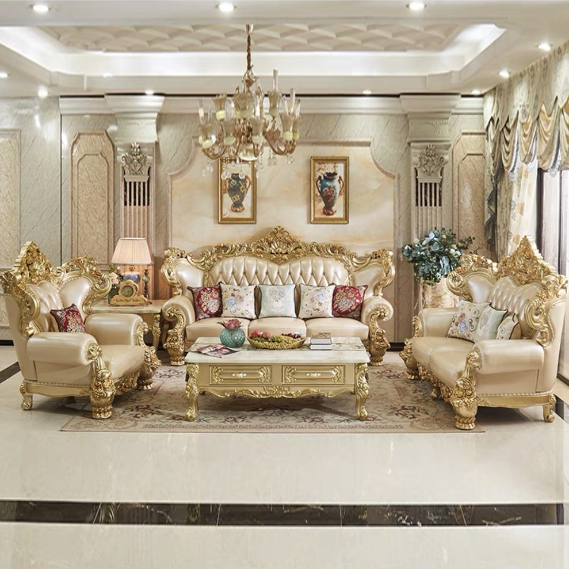 Italian royal antique classic gold genuine leather sofa set flower wood chesterfield designs comfort livig room furniture home