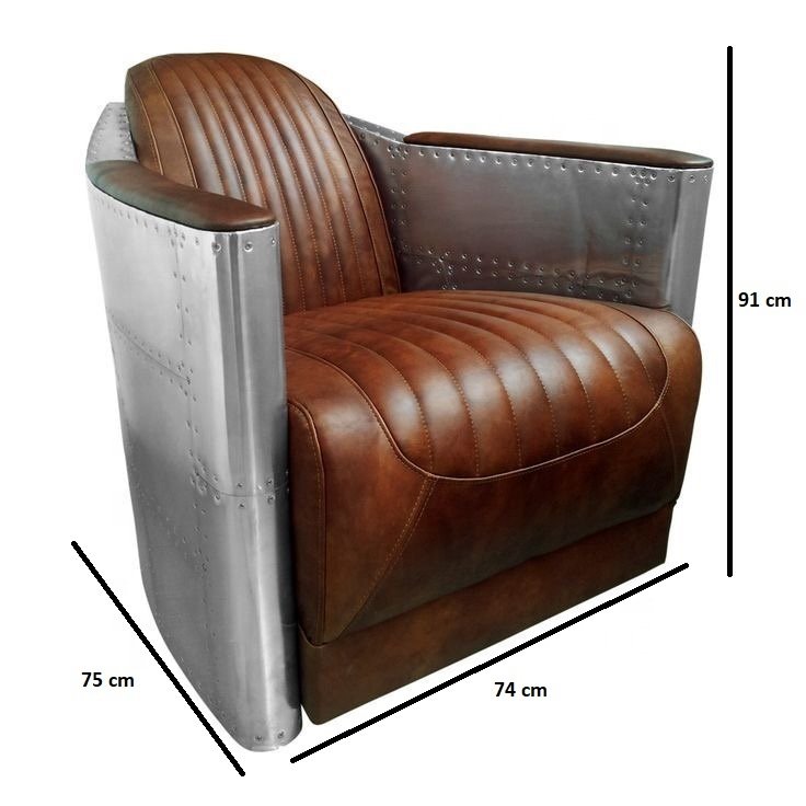 Industrial aviator aircraft styled sofa with tufted buff leather modern aluminum aviator leisure arm chair