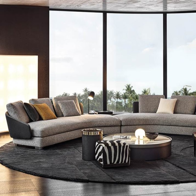 Minimalist Arc Large Designer Profiled Corner Sofa Set Cotton Linen Fabric with Leather and Wood for Living Room or Villa