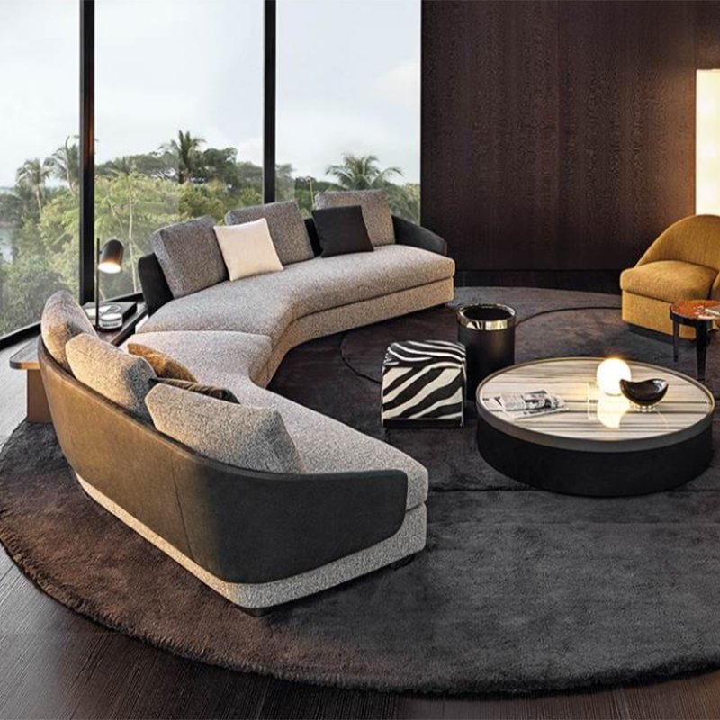 Minimalist Arc Large Designer Profiled Corner Sofa Set Cotton Linen Fabric with Leather and Wood for Living Room or Villa