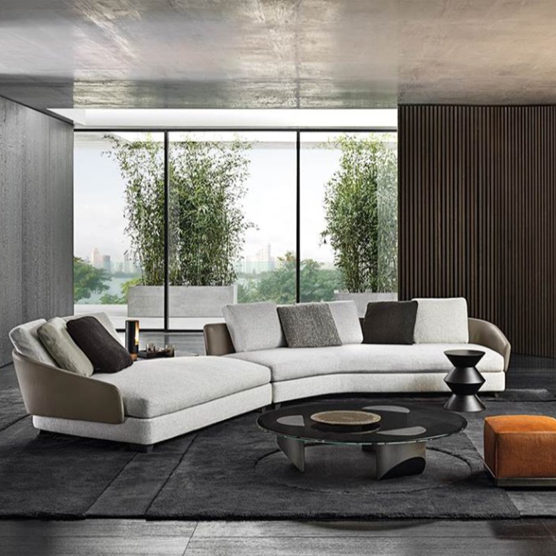 Minimalist Arc Large Designer Profiled Corner Sofa Set Cotton Linen Fabric with Leather and Wood for Living Room or Villa