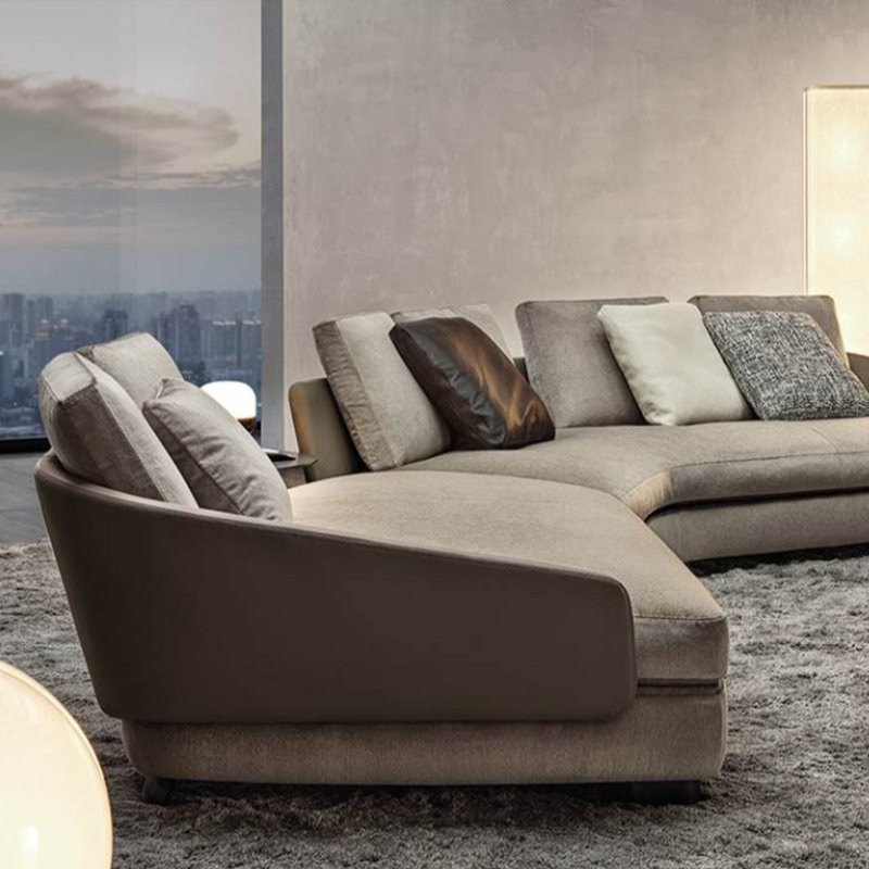 Minimalist Arc Large Designer Profiled Corner Sofa Set Cotton Linen Fabric with Leather and Wood for Living Room or Villa