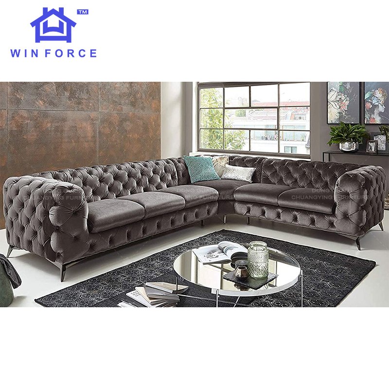 Factory Wholesale New Design Modern Luxury Italian Velvet L Shape Sofa Chesterfield Corner Sofa Living Room Sofa Set