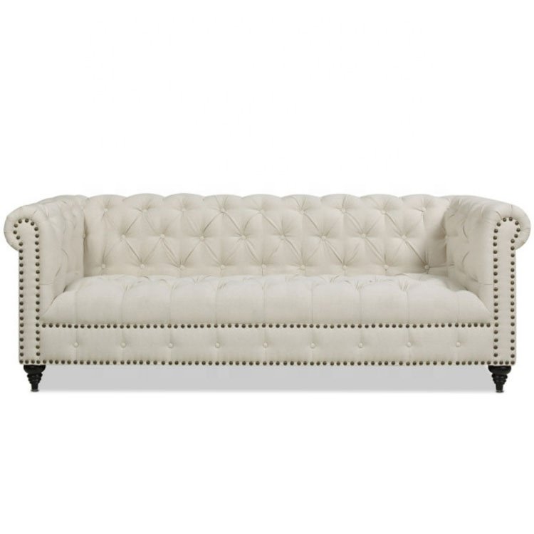 High quality modern living room furniture 88"tufted Chesterfield Light Beige Linen 3 seater seat sofa
