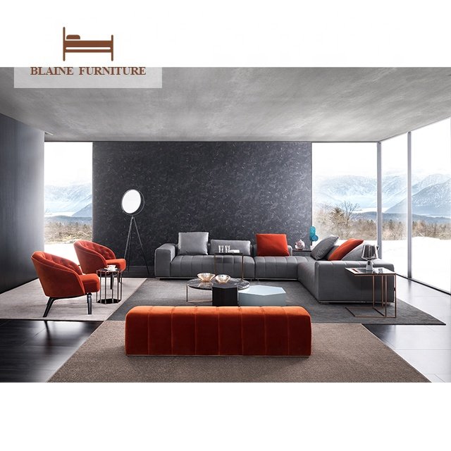 Modern Italian Style Minimalist Furniture Big L Shape Saddle Leather Metal Feet Sectional Corner Sofa Set Reception Office Sofa