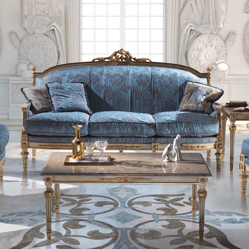 European Style Furniture Sets Blue Fabric 1+2+3 Seater Wooden Villa Sofa Living Room Leisure Sectional Sofas