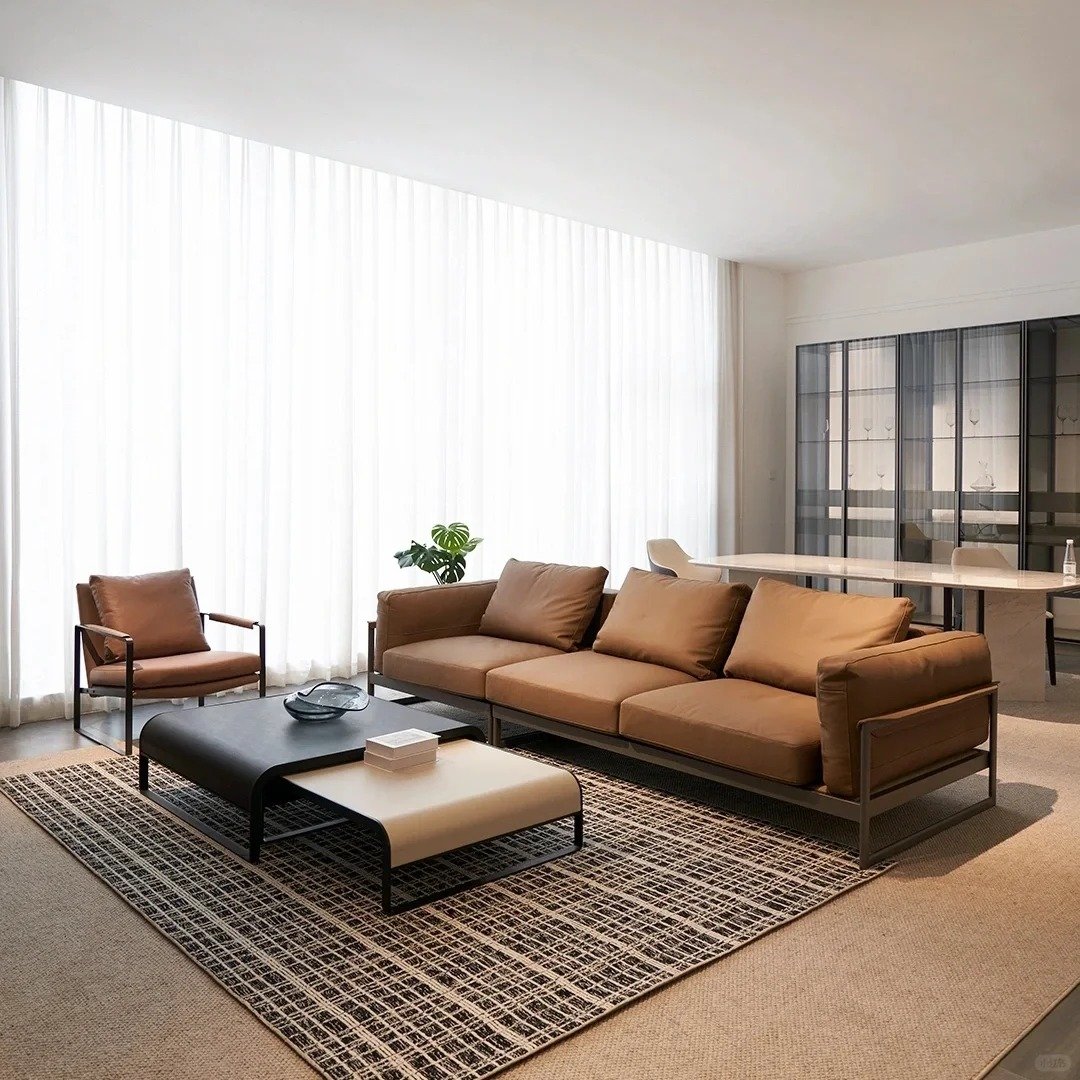 Italian minimalist living room three four leather sofa Nordic latex loft iron art small flat camel leather sofa