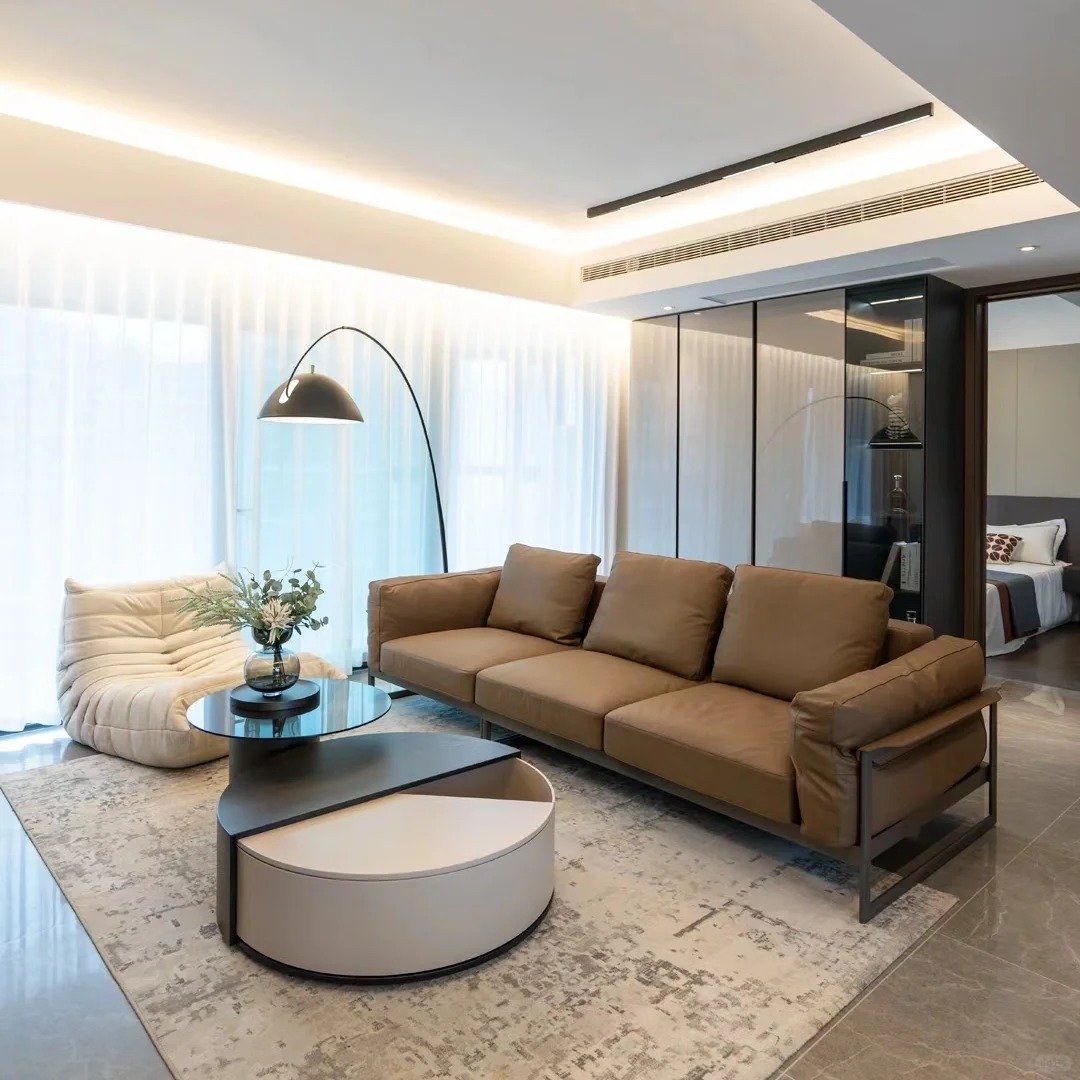 Italian minimalist living room three four leather sofa Nordic latex loft iron art small flat camel leather sofa