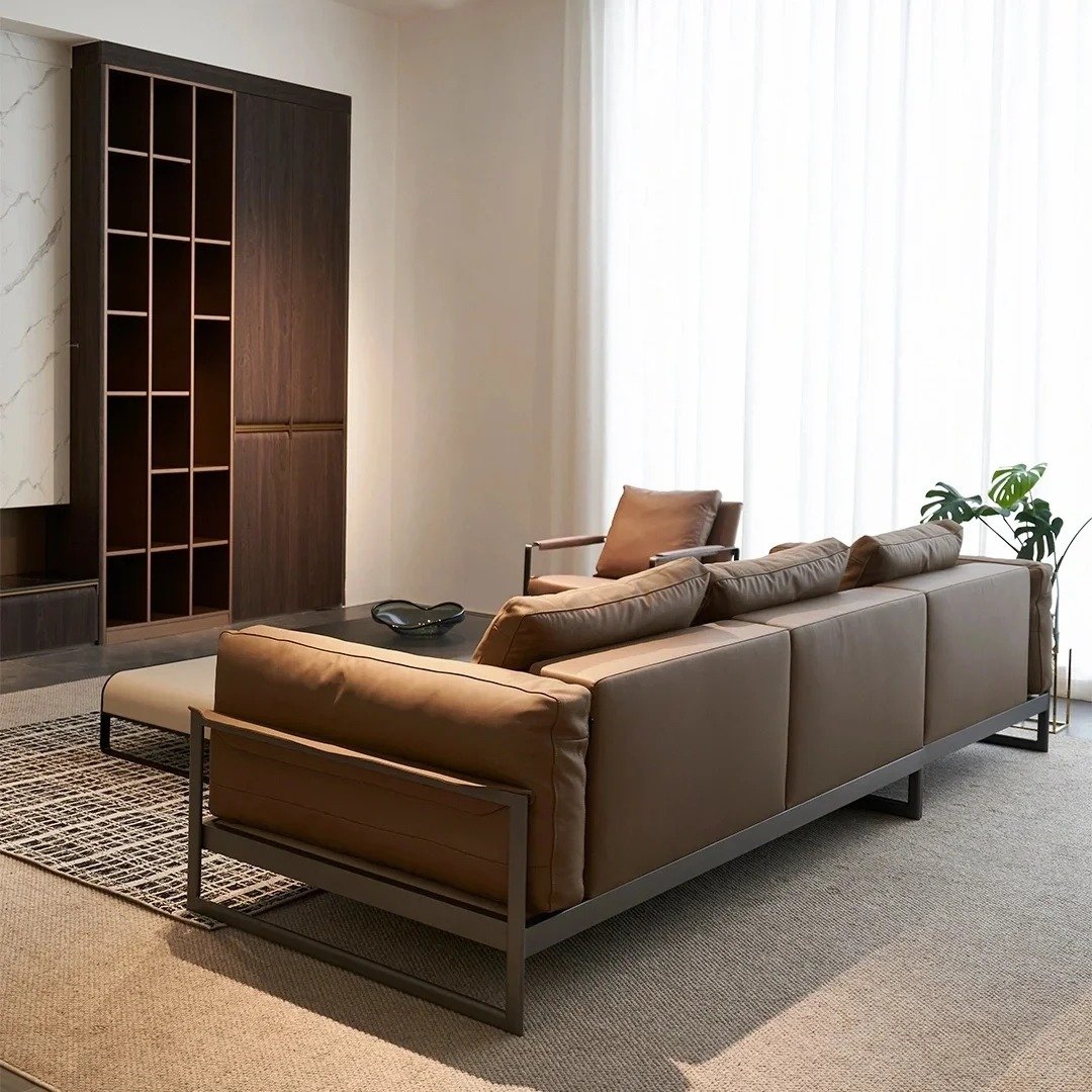 Italian minimalist living room three four leather sofa Nordic latex loft iron art small flat camel leather sofa