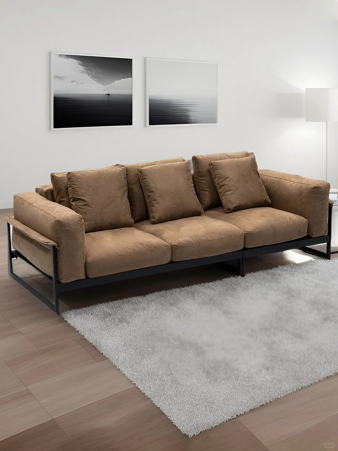 Italian minimalist living room three four leather sofa Nordic latex loft iron art small flat camel leather sofa