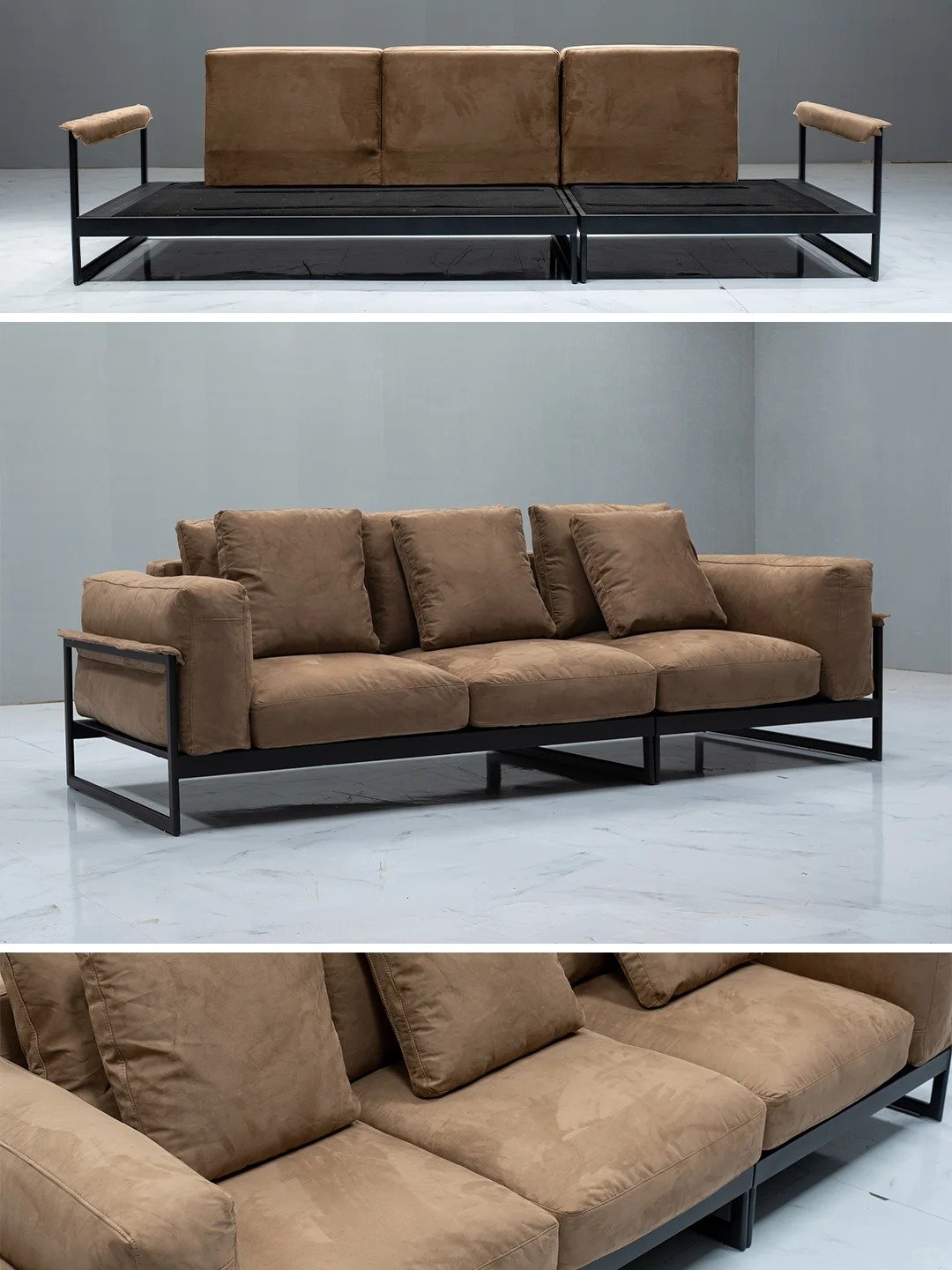 Italian minimalist living room three four leather sofa Nordic latex loft iron art small flat camel leather sofa