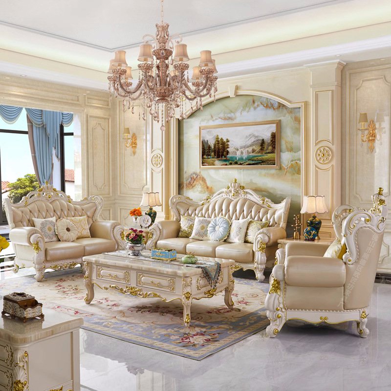 Modern Couch Living Room Sofa Solid Wood Carved Sofa Set Retro Royal European Leather Living Room Villa Sofa Combination Couch