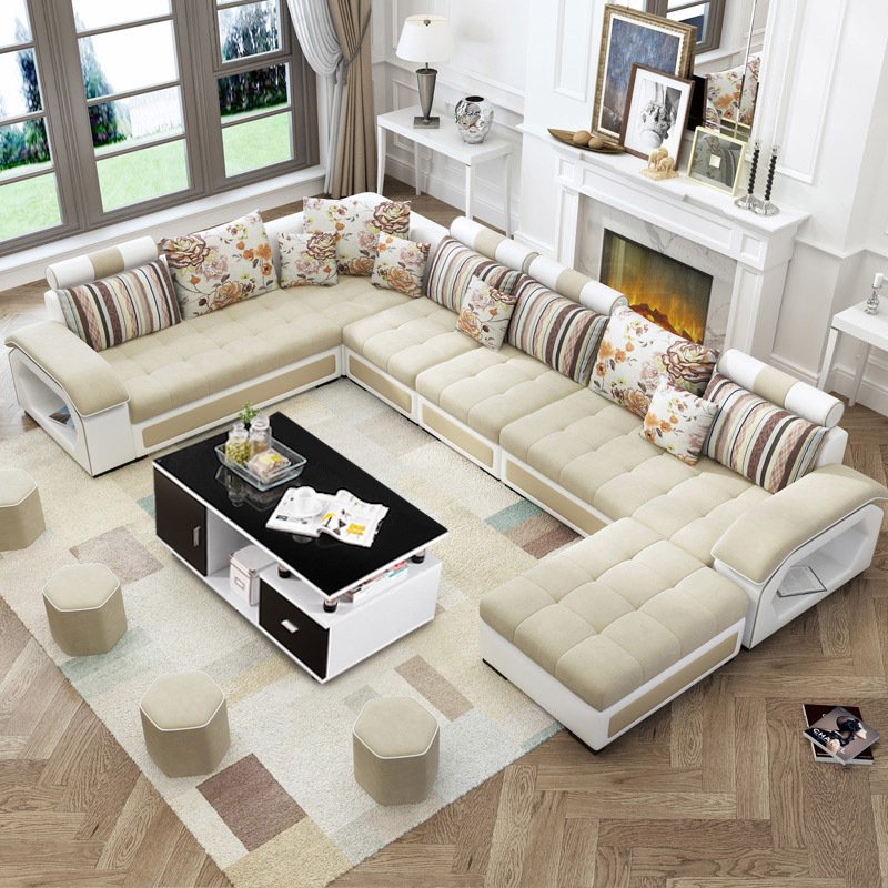 Factory wholesale fabric U shaped sectional sofa, modern European style leather living room sofas