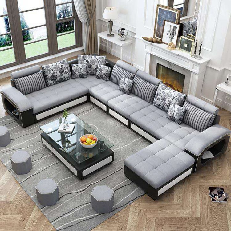 Factory wholesale fabric U shaped sectional sofa, modern European style leather living room sofas