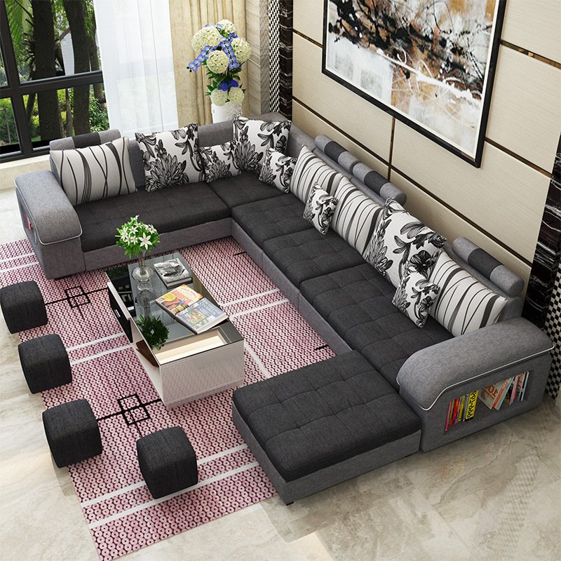 Factory wholesale fabric U shaped sectional sofa, modern European style leather living room sofas