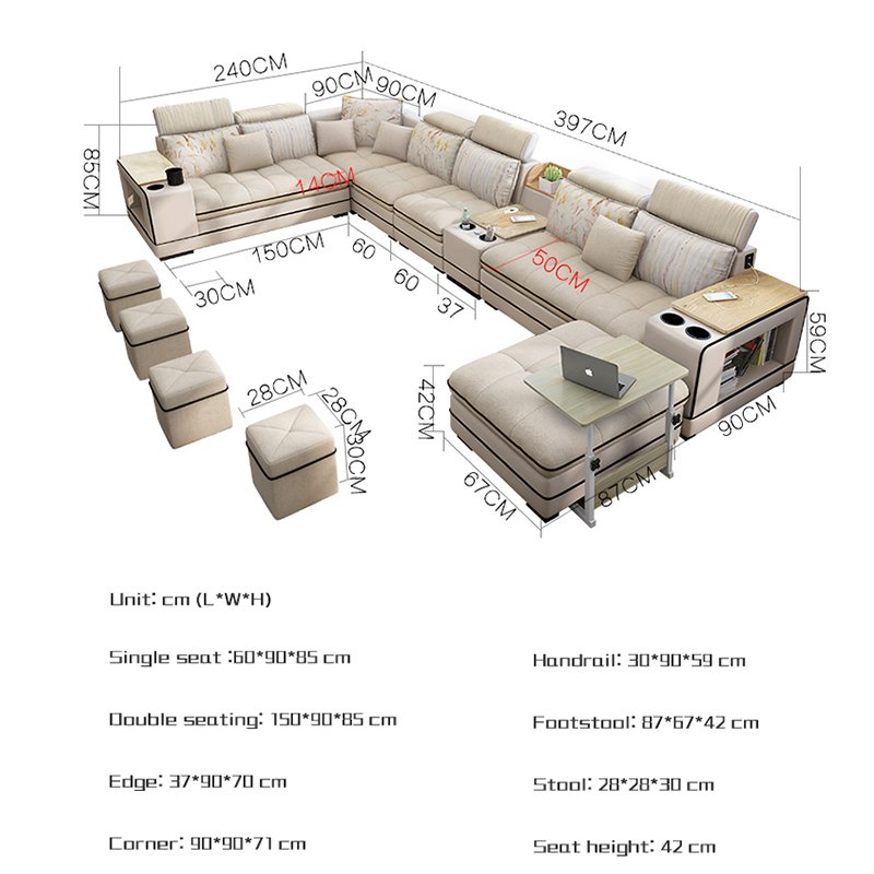 L Shape Set Has Modern European luxury fabric multi-functional living room sofa set 7-piece living room furniture