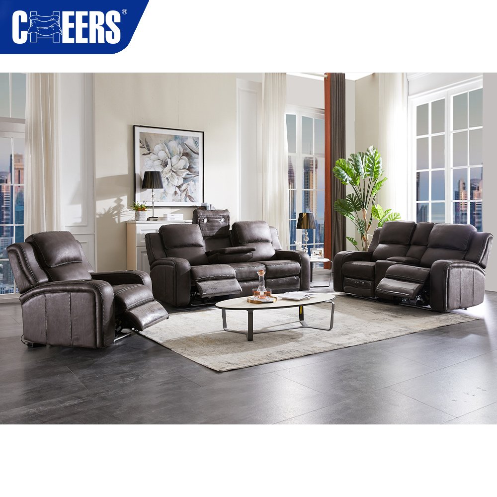 MANWAH CHEERS 3 2 1 Electric Fabric Power Headrest Recliner Sectional Sofa Set with AC Outlet and USB Port for Living Room