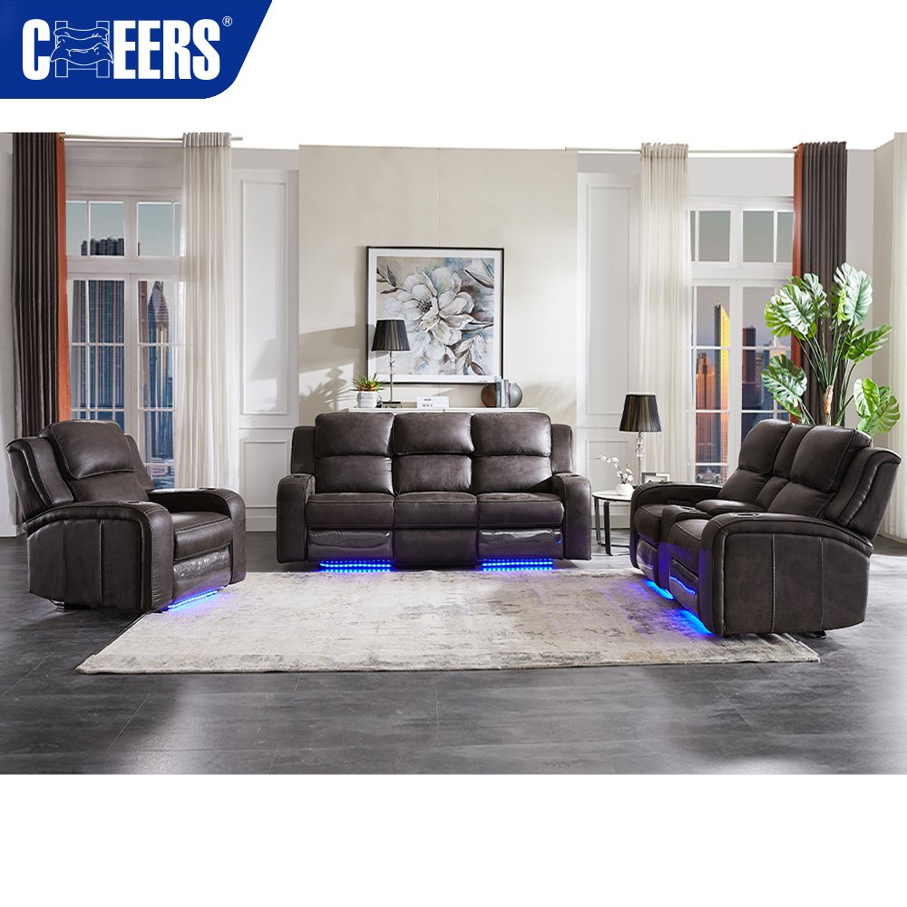MANWAH CHEERS 3 2 1 Electric Fabric Power Headrest Recliner Sectional Sofa Set with AC Outlet and USB Port for Living Room