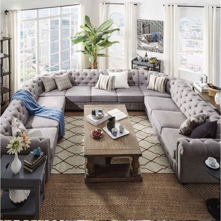 HJ HOME Customized Tufted Chesterfield Linen Upholstery 7 Seat Sectional Sofa Set U Shape Living Room Corner Couch