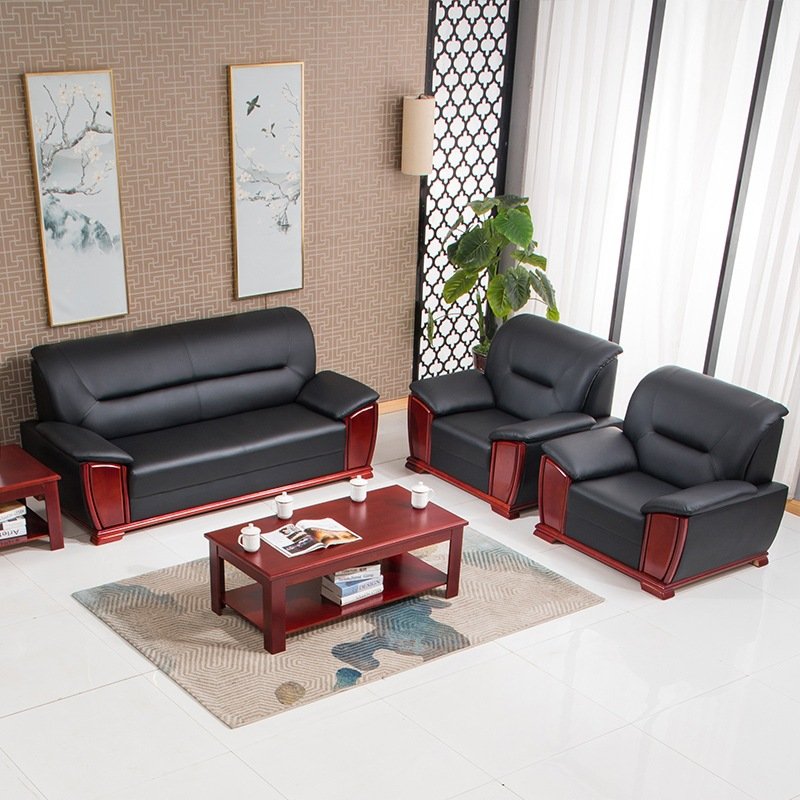 Modern Chinese Single and Three-Person Modular Office Sofa Set with Coffee Table PU Fabric for Business Hotels or Living Room