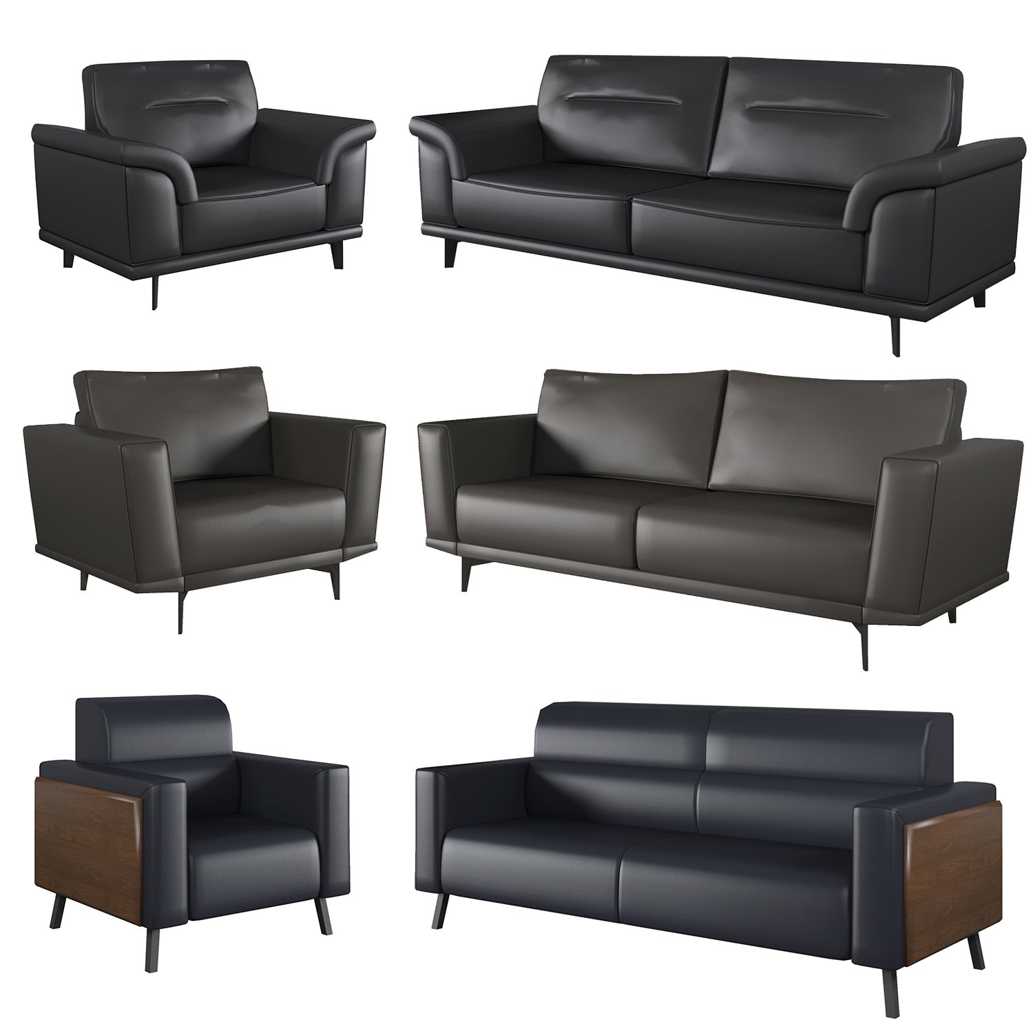 Modern simple design office sofa set conference waiting living room 3 seater soft black leather PU sofa black sectional sofa set