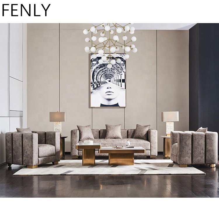 Modern Italian Gold Stainless Steel Couch Set New Design White Velvet Fabric Living Room Sofas Minimalist Sectional Made of Wood