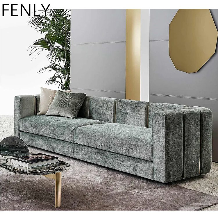 Modern Italian Gold Stainless Steel Couch Set New Design White Velvet Fabric Living Room Sofas Minimalist Sectional Made of Wood