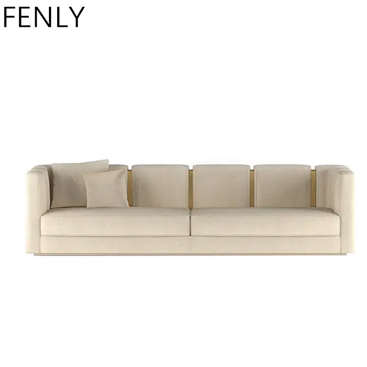 Modern Italian Gold Stainless Steel Couch Set New Design White Velvet Fabric Living Room Sofas Minimalist Sectional Made of Wood