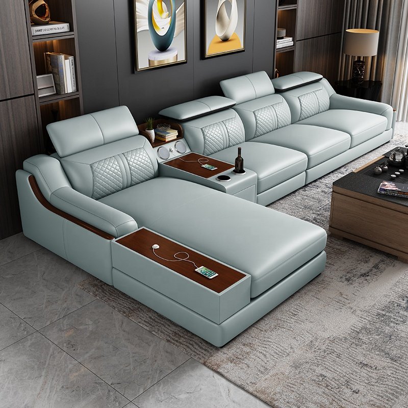 Modern living room furniture assembly L-shaped leather sofa with USB port Bluetooth sound corner sofa set