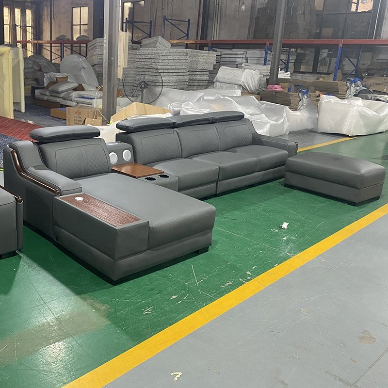 Modern living room furniture assembly L-shaped leather sofa with USB port Bluetooth sound corner sofa set