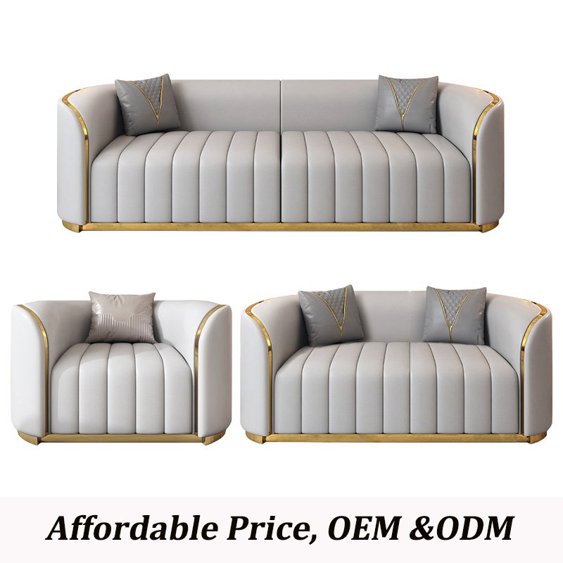 Luxury elegant design stainless steel Decor modern Couch living room leather sofa set