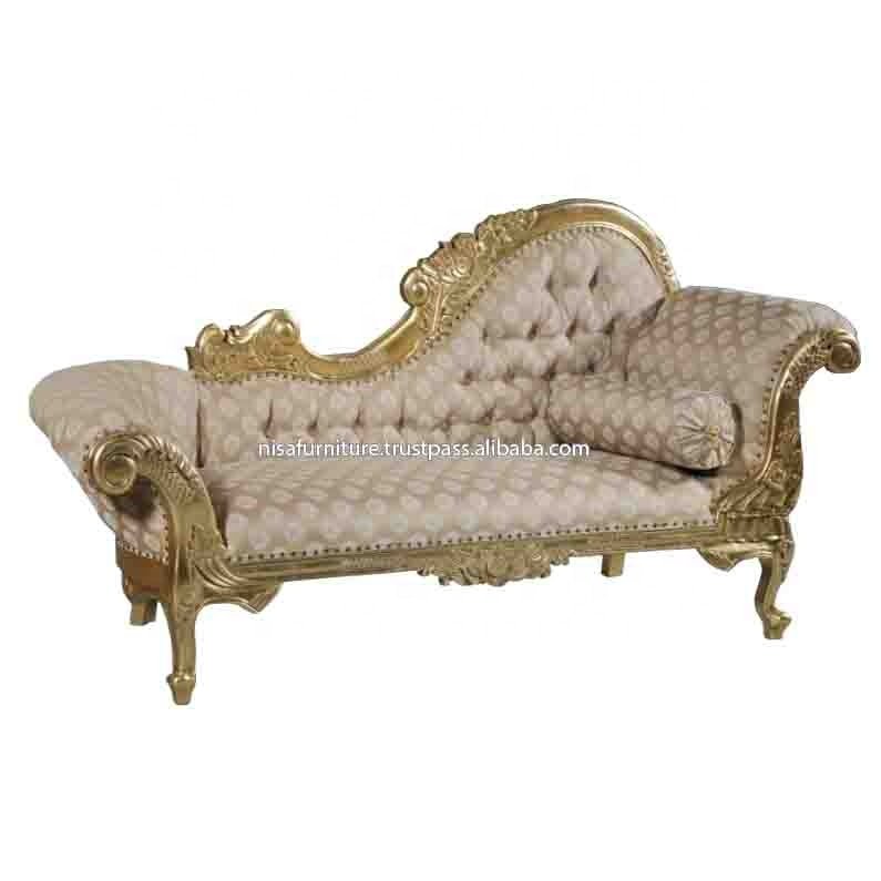Royal Wedding French Chaise Lounge Sofa Gold Leaf Solid Mahogany Wood Carved Living Room Furniture