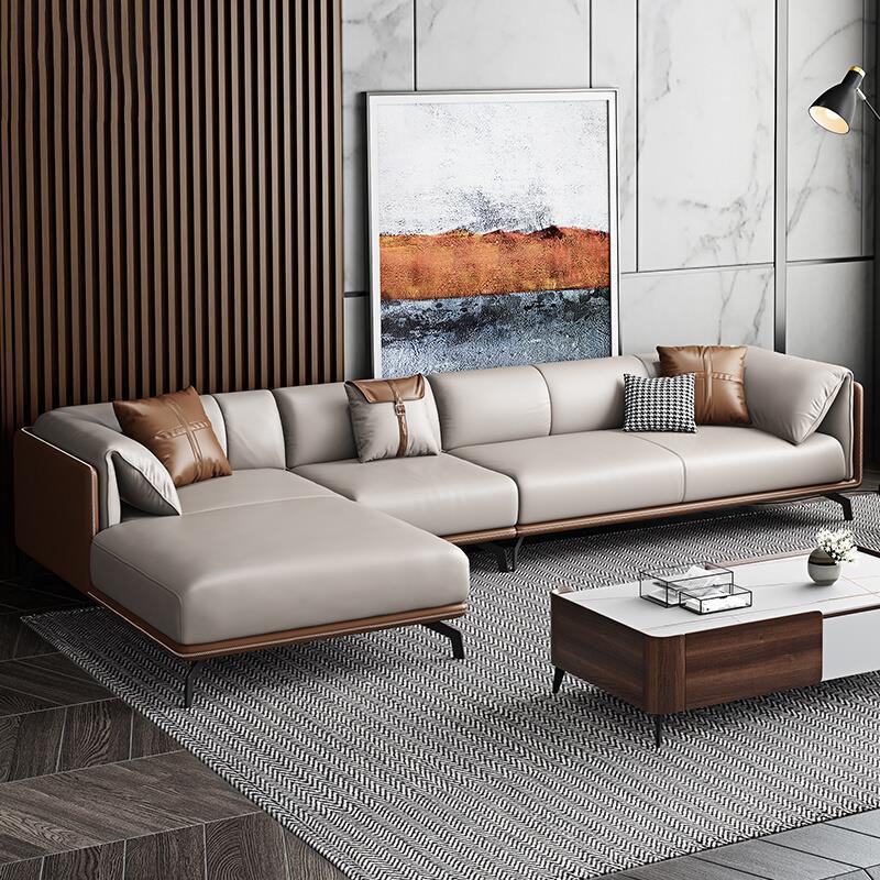 OKF Full house custom leather solid wood frame couch living room corner sofas 4 seater modern minimalist l shape sectional sofa