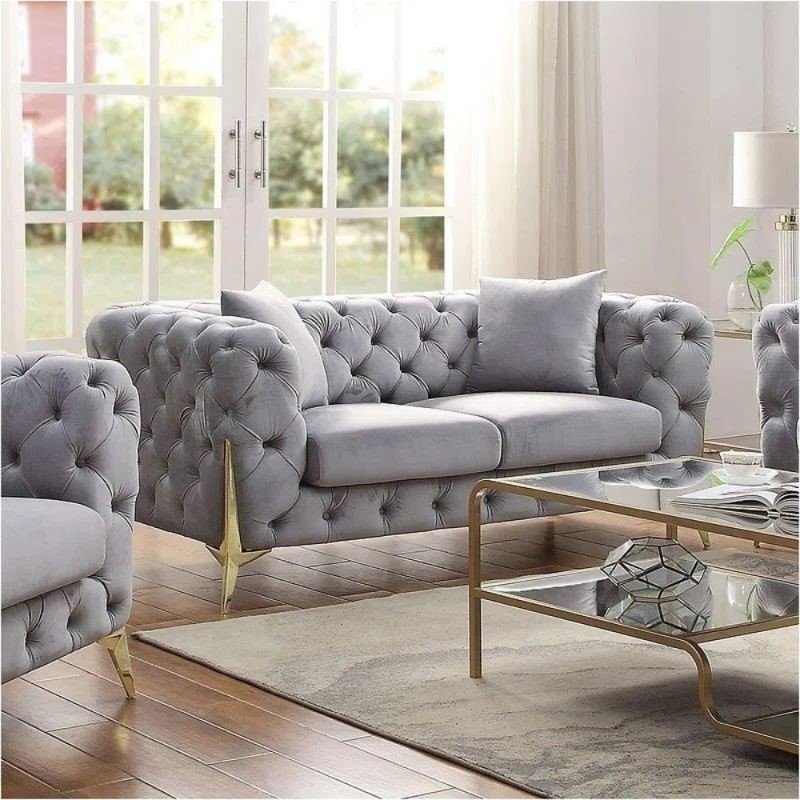 White Fabric Velvet Gold Stainless Steel Tufted Button Modern Modular Sectional Sofa Luxury Furniture Living Room Sofa Set