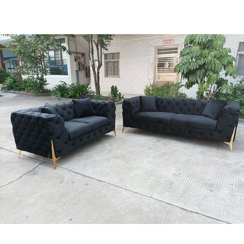 White Fabric Velvet Gold Stainless Steel Tufted Button Modern Modular Sectional Sofa Luxury Furniture Living Room Sofa Set