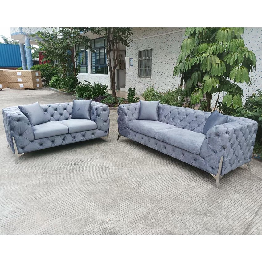White Fabric Velvet Gold Stainless Steel Tufted Button Modern Modular Sectional Sofa Luxury Furniture Living Room Sofa Set