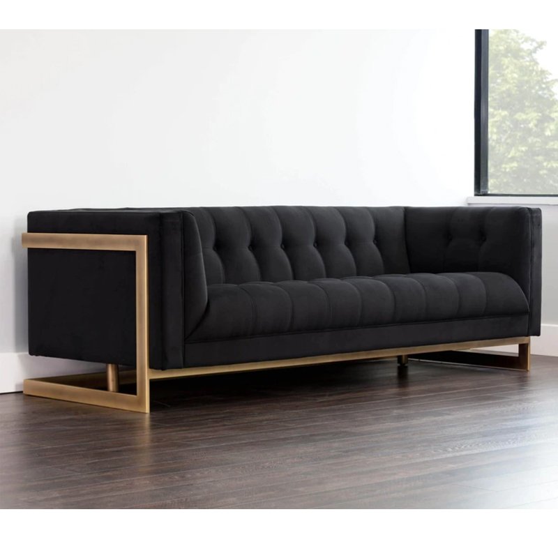 Popular style high quality velvet fabric living room black gold stainless steel sofa set