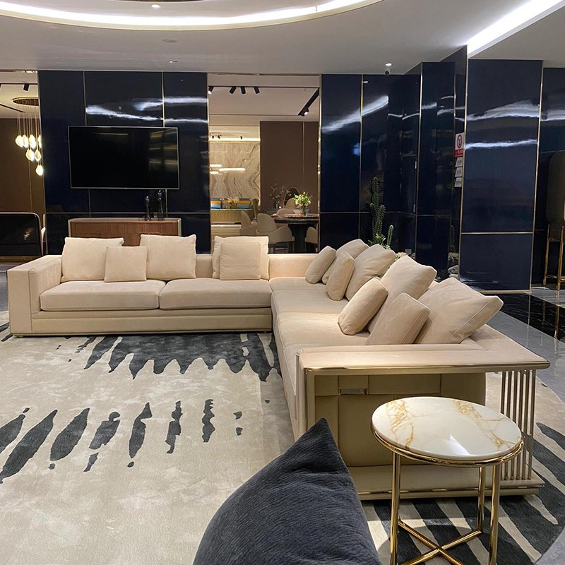 High-end L shape sofa set furniture designs modern luxury beige genuine leather villa living room sofas