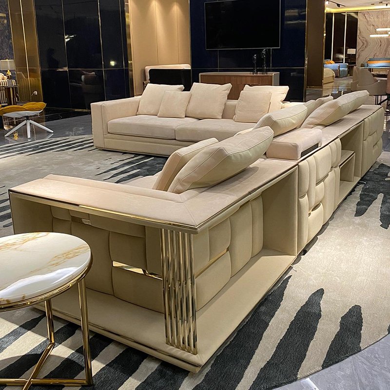 High-end L shape sofa set furniture designs modern luxury beige genuine leather villa living room sofas