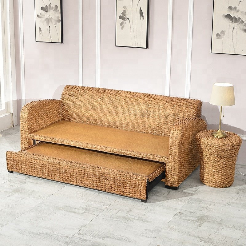 Unique Indoor l Shaped Sofa Natural Rattan Seagrass Living Room Furniture Sofa cum Bed