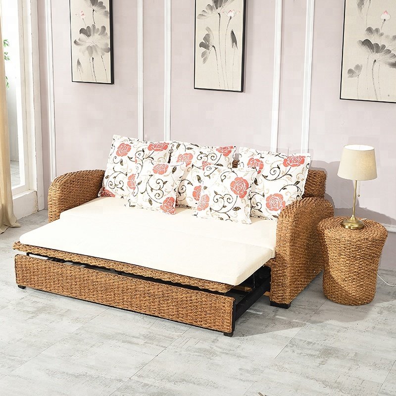 Unique Indoor l Shaped Sofa Natural Rattan Seagrass Living Room Furniture Sofa cum Bed