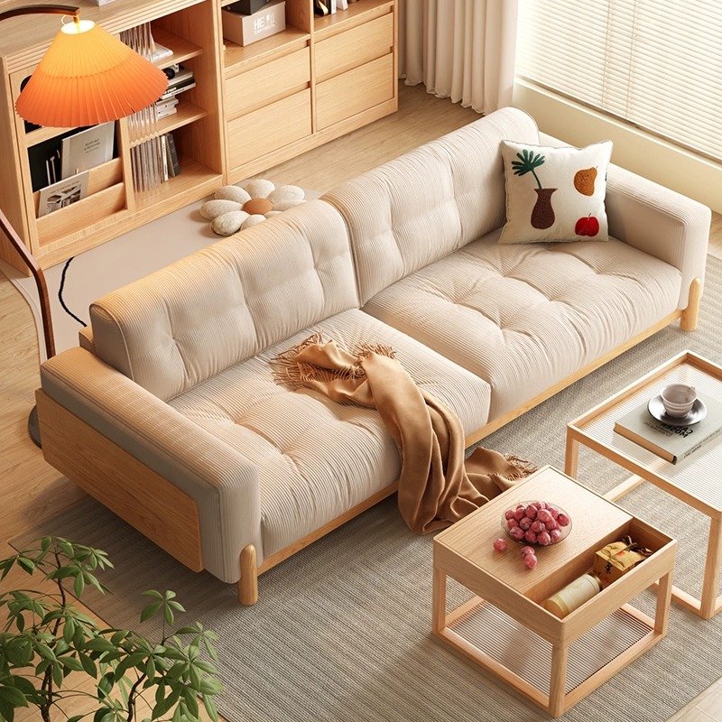 Japanese style solid wood sofa simple modern living room couch log style cream cat scratch fabric corduroy sofa