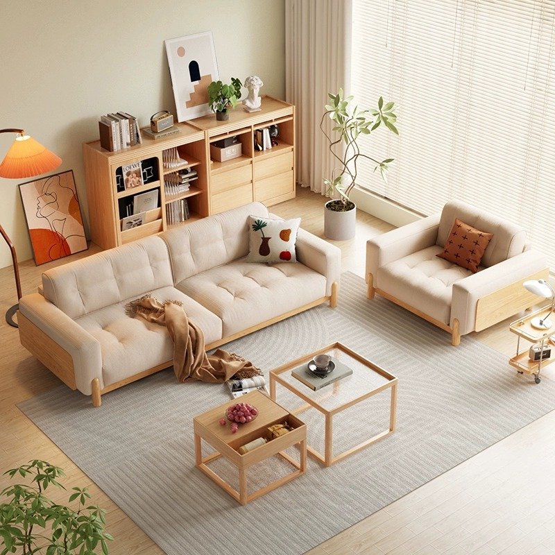 Japanese style solid wood sofa simple modern living room couch log style cream cat scratch fabric corduroy sofa