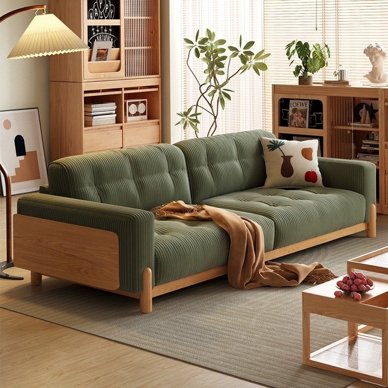 Japanese style solid wood sofa simple modern living room couch log style cream cat scratch fabric corduroy sofa