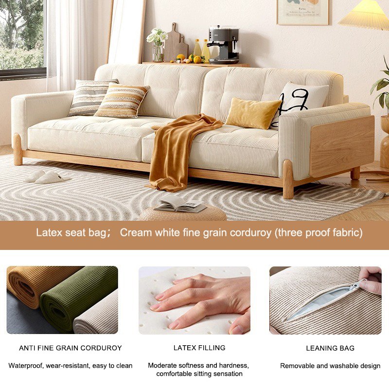 Japanese style solid wood sofa simple modern living room couch log style cream cat scratch fabric corduroy sofa